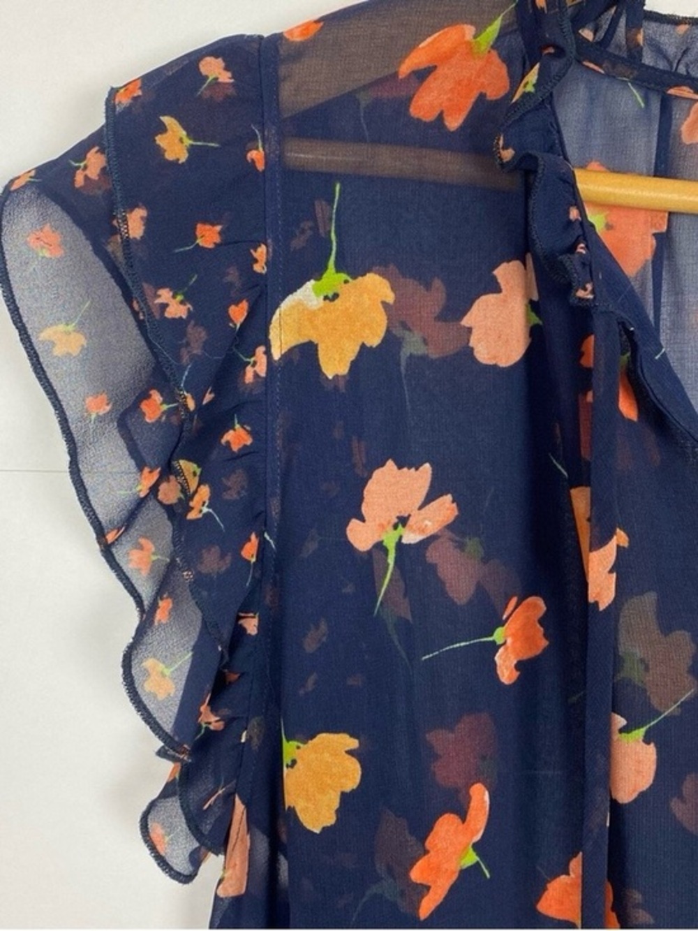 CAbi Navy Sheer Floral Blouse with Orange Print